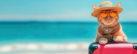 Funny cat tourist in sunglasses and beach hat standing with suitcase on the sea shore with sand having summer holiday trip. Vacation, travel and journey concept.の素材