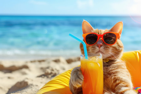 Funny cat wearing sunglasses relaxing on beach sitting on rubber ring in the sea shore with orange juicy cocktail. Vacation trip and summer holiday concept.の素材