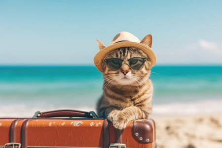 Funny cat tourist in sunglasses and beach hat standing with suitcase on the sea shore with sand having summer holiday trip. Vacation, travel and journey concept.の素材