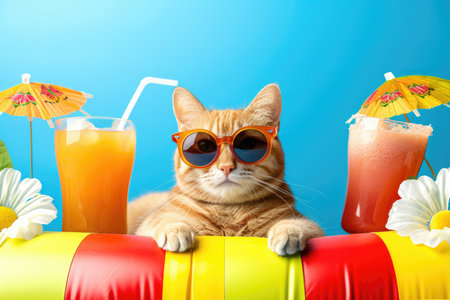 Funny cat wearing sunglasses relaxing on beach sitting on rubber ring with orange juicy cocktail on blue background with copy space. Vacation trip and summer holiday concept.の素材