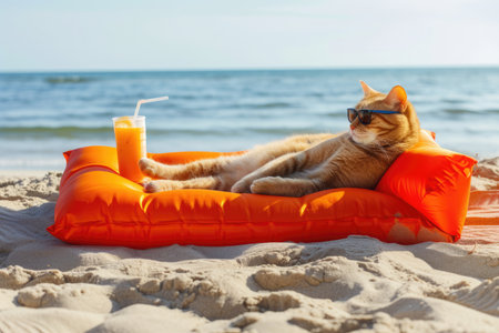 Funny cat wearing sunglasses relaxing on beach lying on inflatable mattress in the sea shore on sand with orange juicy cocktail. Vacation trip and summer holiday concept.の素材