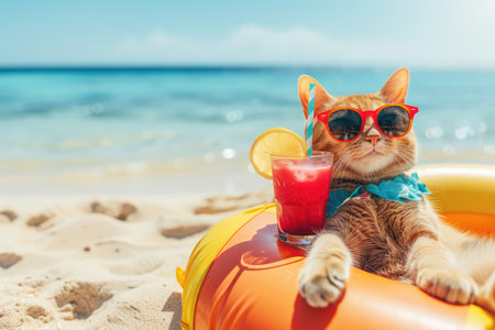 Funny cat wearing sunglasses relaxing on beach sitting on rubber ring in the sea shore with orange juicy cocktail. Vacation trip and summer holiday concept.の素材