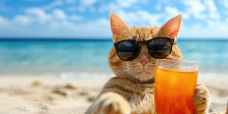 Funny cat lying on beach sand in sunglasses relaxing on the sea shore drinking fresh orange juicy cocktail. Vacation trip and summer holiday concept.の素材
