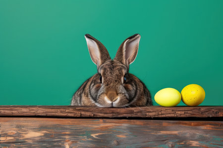 Cute funny rabbit bunny head with long ears sitting with colorful bright yellow Easter eggs on wooden and green background with copy space. Greeting card, holiday celebration and happy Easter conceptの素材