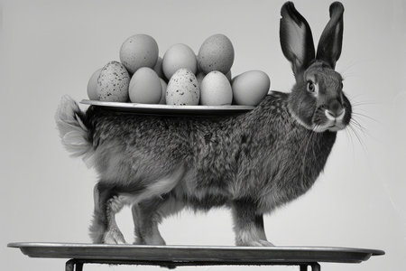 Black and white monochrome photo of cute funny rabbit bunny with carrying Easter eggs on back. Greeting card, holiday celebration and happy Easter concept.の素材