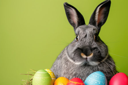 Cute funny rabbit bunny head with long ears sitting with colorful bright yellow Easter eggs on green background with copy space. Greeting card, holiday celebration and happy Easter conceptの素材