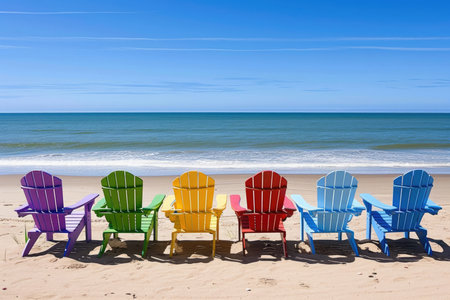 Beach colorful multicolored deck chairs standing in a row on tropical sand beach in sunny sky background. Sea or ocean coast landscape. Summer holiday, Vacation trip, tourism and travelling concept.の素材