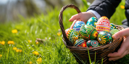Little cute child holding a basket with colored painted bright Easter eggs outdoors on spring day. Happy Easter concept.の素材