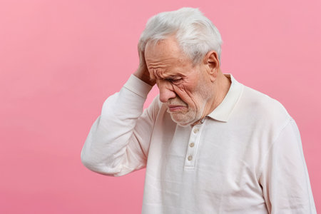 Elderly senior old thinking man suffering from dementia with on pink background. Memory loss, Alzheimer's disease, brain damage or mental health concept.の素材