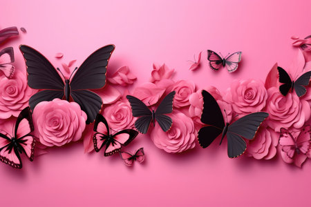 Pink and black butterflies on a summer background with flowers and copy space for text. Frame for greeting card. Top view. spring background.の素材