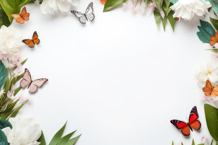 Multicolored butterflies on a white summer background. spring nature pattern background.の素材