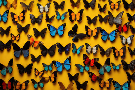 Multicolored butterflies on a yellow summer background. Top view. spring nature pattern background.の素材