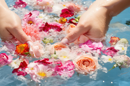 Hands of a young girl holding flowers in blue blue background. Organic cosmetics for facial skin and body care, spa treatments, massage and cosmetology concept.の素材