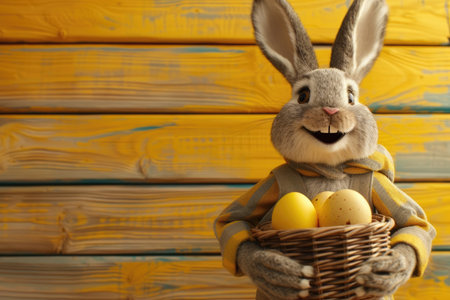 Cute funny rabbit bunny with long ears holding basket with painted Easter eggs on yellow wooden background. Greeting card, holiday celebration and happy Easter concept.の素材