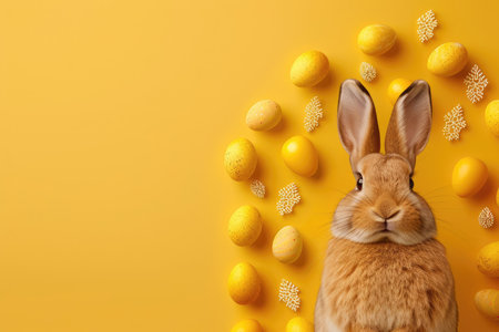 Cute funny rabbit bunny with long ears with painted Easter eggs on yellow background . Greeting card, holiday celebration and happy Easter concept.の素材
