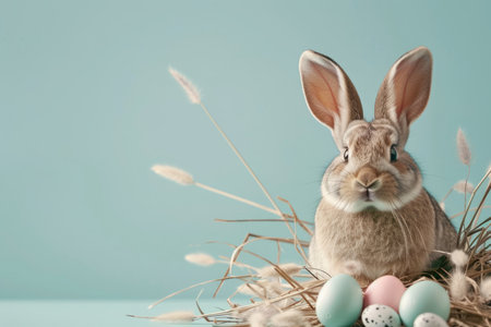 Cute funny rabbit bunny with long ears sitting with colorful bright Easter eggs on blue background with copy space. Greeting card, holiday celebration and happy Easter concept.の素材