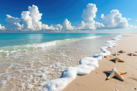 Summertime vacation concept. Starfish and seashells on seashore with blue water sea wave. Summer holiday trip, tourism and travelling concept.の素材