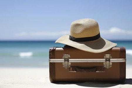 Red suitcase packed for journey on the seashore on sand with starfish and beach hat on blue sky background. Summer holiday, Vacation trip, tourism and travelling concept.の素材