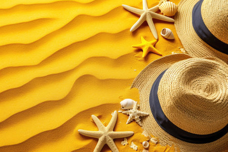 Summer composition with a beach hat and starfish with seashells on a beach yellow sand background with copy space. Summer travel, vacation trip, tourism concept.の素材