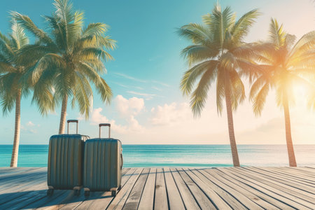 Modern suitcases packed for journey on the seashore on wooden pier among tropical palms trees on beach on blue sky background. Summer holiday, Vacation trip, tourism and travelling concept.の素材
