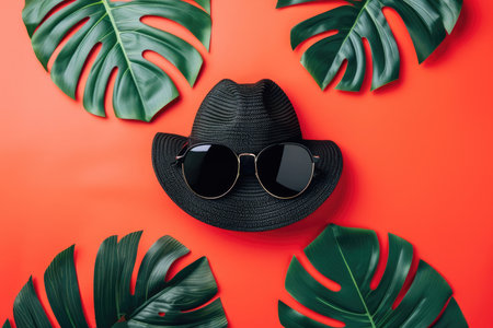 Beach hat with palm leaf and sunglasses on red background. Holiday sale, summer vacation trip, travel and travelling concept.の素材