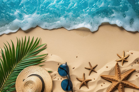 Summertime vacation concept. Beach hat with starfish and seashells on seashore with blue water sea wave. Summer holiday trip, tourism and travelling concept.の素材