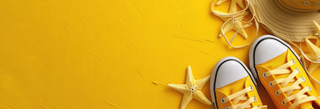 Summer composition with a beach hat and starfish with seashells and sneakers on a yellow background with copy space. Summer travel, vacation trip, tourism concept.の素材