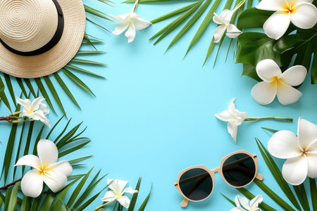 Top view of beach hat with tropical palm leaves and sunglasses with white flowers on a blue summer background. Holiday sale, vacation trip, travel and travelling concept.の素材
