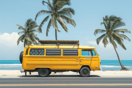 Retro vintage travelling bus van on the beach driving along the road by the sea. Camping, road trip, tourists transportation and summer holiday trip concept. tropical landscapeの素材