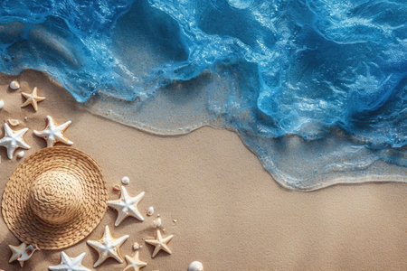 Summertime vacation concept. Beach hat with starfish and seashells on seashore with blue water sea wave. Summer holiday trip, tourism and travelling concept.の素材