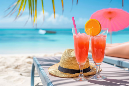 Woman sunbathing on the seashore lying on beach with fresh juice cocktail and hat. Summer holiday, Vacation trip, tourism and travelling concept.の素材
