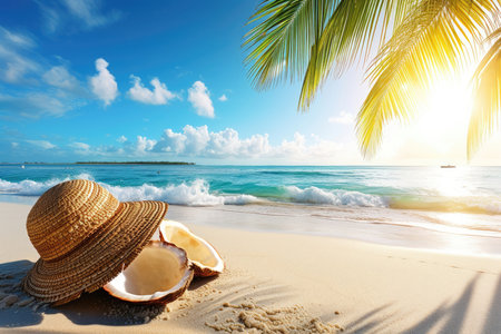 Summertime vacation concept. Beach hat with starfish and seashells on seashore with blue water sea wave. Summer holiday trip, tourism and travelling concept.の素材