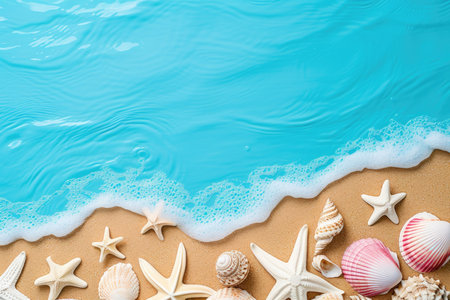 Summertime vacation concept. Starfish and seashells on seashore with blue water sea wave. Summer holiday trip, tourism and travelling concept.の素材