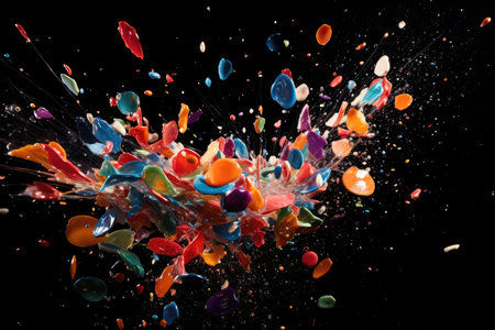Abstract vibrant multicolor wet paint splash of drops isolated on black background. Abstract colorful splashingの素材