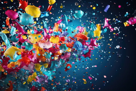 Abstract vibrant multicolor wet paint splash of drops isolated on blue background. Abstract colorful splashingの素材
