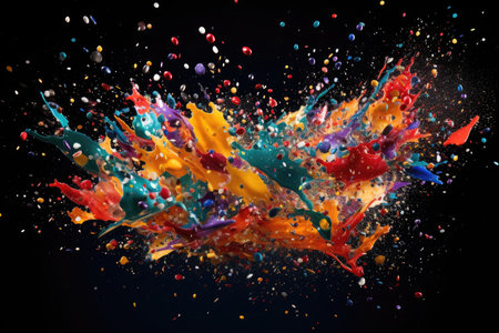 Abstract vibrant multicolor wet paint splash of drops isolated on black background. Abstract colorful splashingの素材