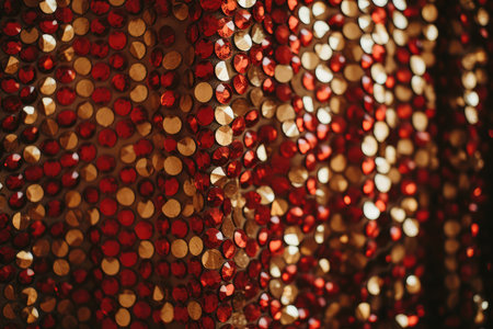 Abstract festive red and golden background of sparkle confetti circles. Holiday greeting card. Anniversary, valentine conceptの素材