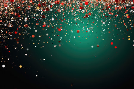Abstract festive green background of multicolor red sparkle confetti circles with copy space for text. Holiday greeting card. Anniversary, christmas pattern conceptの素材