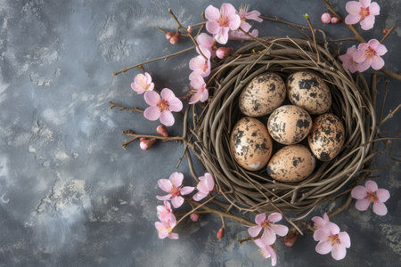 Top view of nest with painted easter eggs with branch of willow on Festive concrete background with flowers. Greeting card, holiday celebration and happy Easter concept.の素材