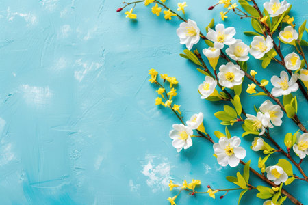 Blooming tree branch of a flowering tree on blue background with copy space. tree in bloom. Spring nature background.の素材