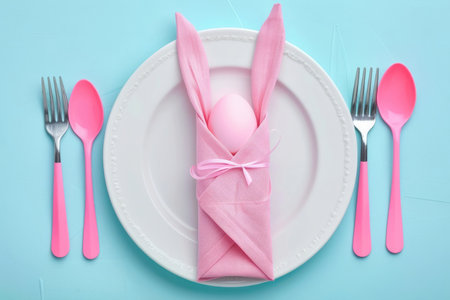 Festive Easter table pink setting with Easter egg with bunny ears made of linen napkin on a white plate on blue background. Easter table setting concept.の素材
