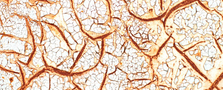 Rusty metal abstract background. Texture of an old grunge metal plate with cracked paint. Rusted white and browm painted wall.の写真素材
