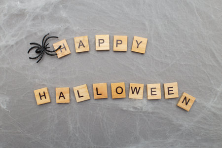 the inscription happy halloween with spider web and spiders on a gray background.の写真素材