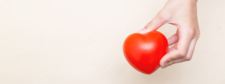 Children's hands holding a red heart as a simbol of care, love, support and protection isolated on a beige background. Kids health care concept. Bannerの写真素材