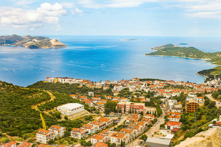 Panoramic top view of seaside resort city of Kas in Turkey. Summer holiday, tourism and vacation.の写真素材