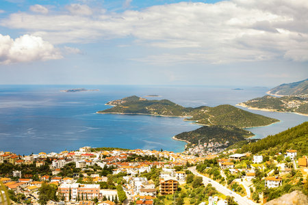 Panoramic top view of seaside resort city of Kas in Turkey. Summer holiday, tourism and vacation.の写真素材