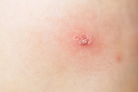 Human skin showing a red, inflamed area with a small chickenpox sore and dry, peeling surface. varicella and medicineの写真素材