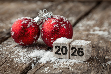 wooden number 2026 on Christmas shiny festive snowy background with toy red balls. Christmas greeting card, New Year, winter holidays sale and festive mood concept.の素材