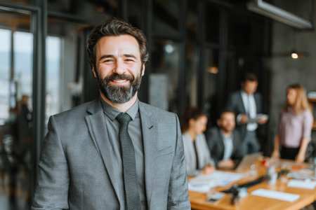 Portrait of happy smiling confident bearded business man in formal clothes looking cheerful at camera with team of company employees working on background in office.の素材