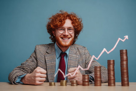 Smiling man with red hair looking at rising coin stacks and a growth chart showing business success and financial growth.の素材